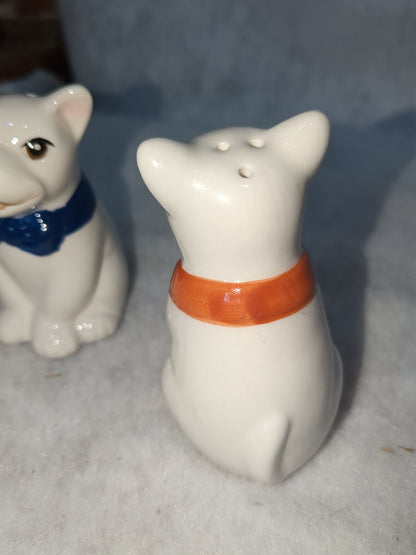French Bulldog Ceramic Salt and Pepper Shakers Red & Blue Bow Ties Missing One Stopper CLEARANCE