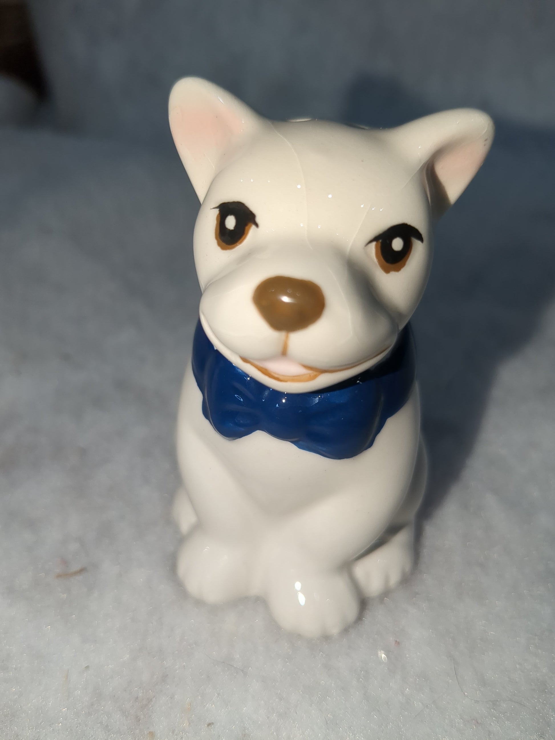 French Bulldog Ceramic Salt and Pepper Shakers Red & Blue Bow Ties Missing One Stopper CLEARANCE