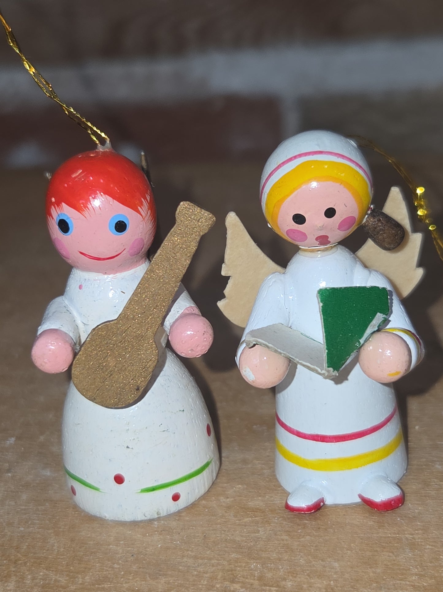 Vintage Wooden Ornaments Angels Set of 2 MCM Kitchy