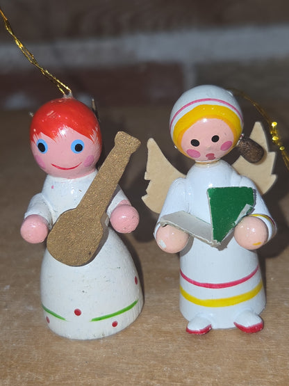 Vintage Wooden Ornaments Angels Set of 2 MCM Kitchy