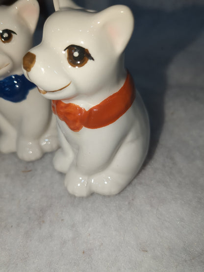 French Bulldog Ceramic Salt and Pepper Shakers Red & Blue Bow Ties Missing One Stopper CLEARANCE