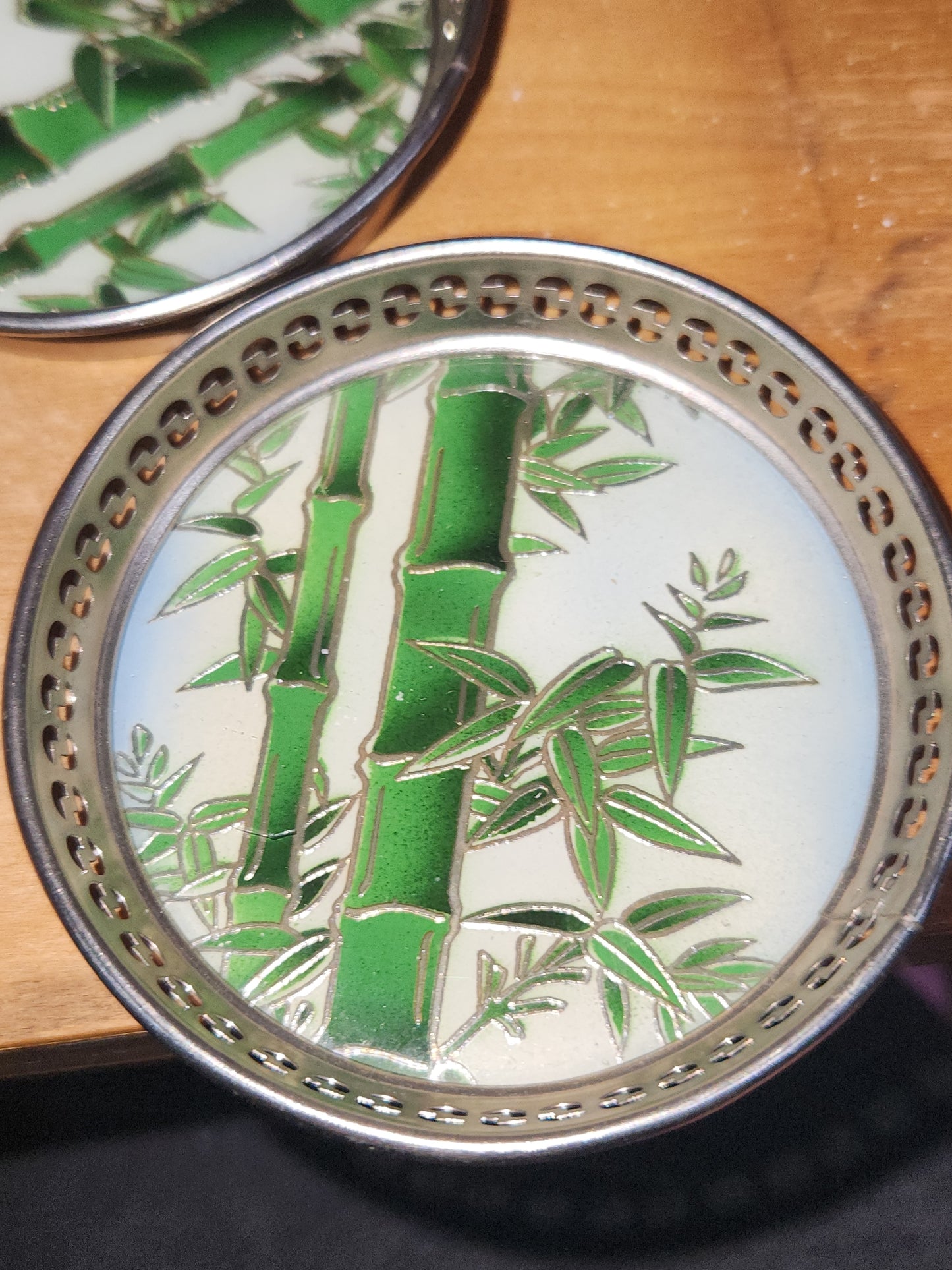 Vintage BP Glass and Stainless Tray & 6 Coaster Set with Bamboo Design Made in Japan MCM AS IS tr1