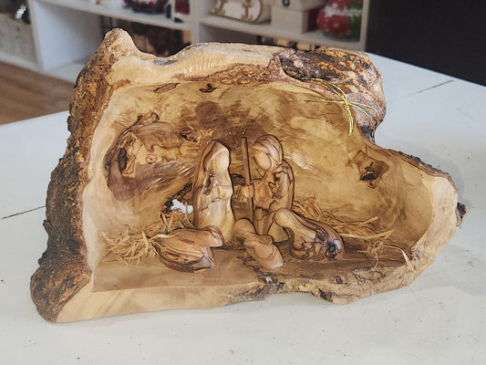 Large Grotto nativity made from Roots of the olive wood tree. Made in Bethlehem. N1