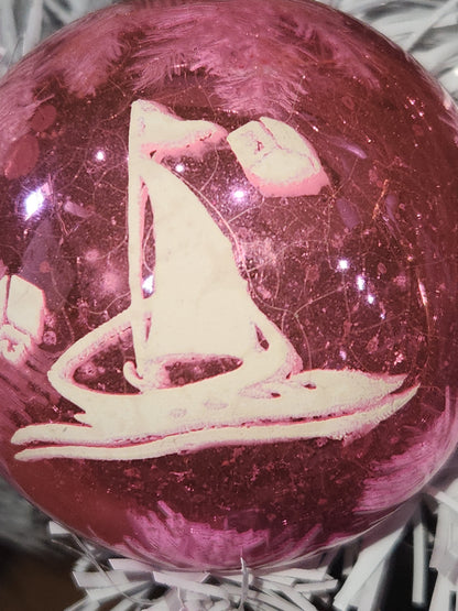 Vintage Shiny Brite Pink Christmas Ornament Stenciled Toy Bear Duck Toy Horse Clown Sailboat GLOWS vo26