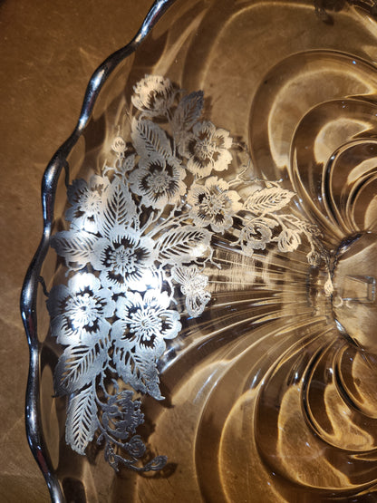 Vintage Cambridge Glass Company Footed Glass Platter with Caprice Pattern With Silver Overlay by Silver City gp8