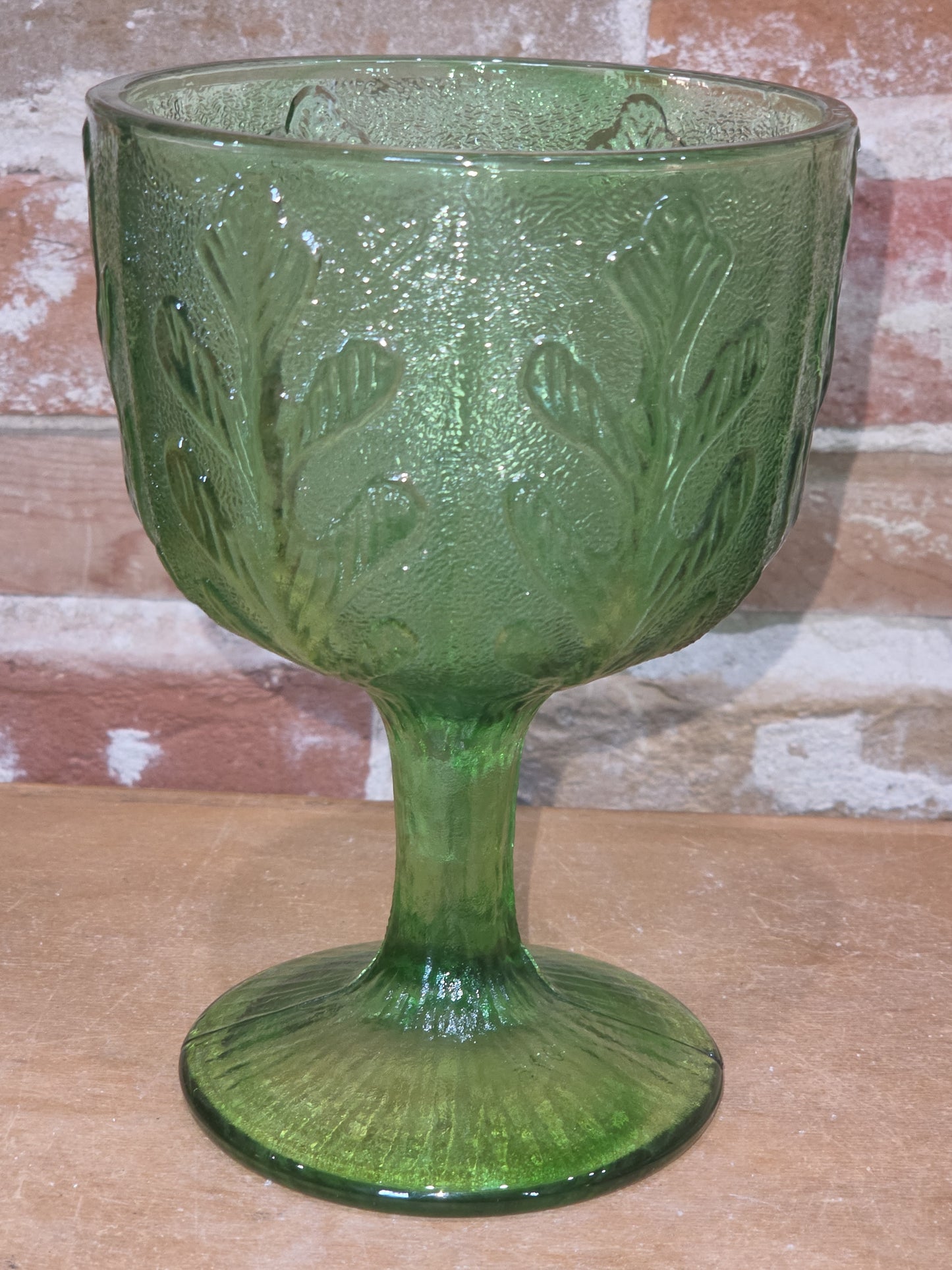 Vintage Vase FTD 1975 Green Glass Goblet Vase with Pedestal Floral Arranging Leaf Pattern Pl75