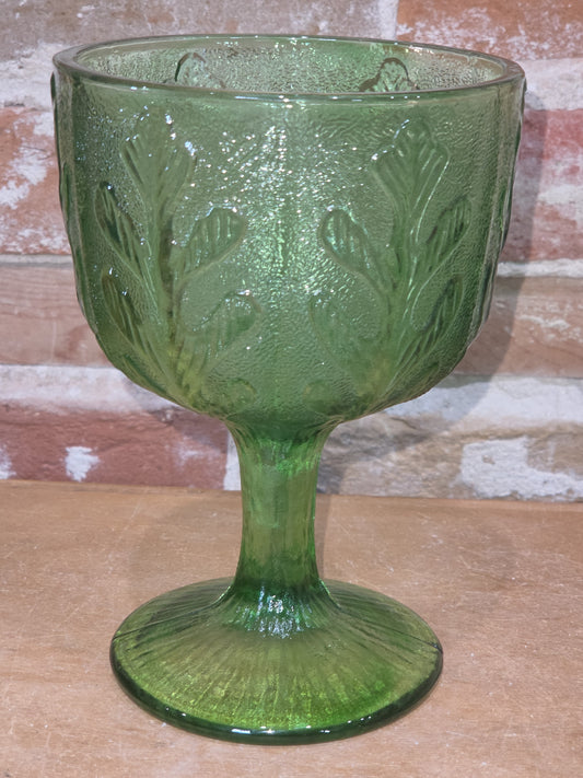 Vintage Vase FTD 1975 Green Glass Goblet Vase with Pedestal Floral Arranging Leaf Pattern Pl75