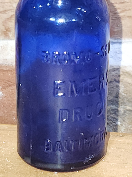 Vintage Medicine Bottle Bromo Seltzer Cobalt Blue Glass Emerson Drug Co Baltimore MD 4" vmb7