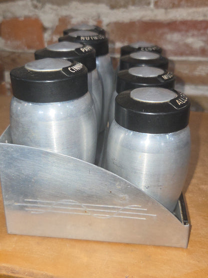 Kromex Vintage Aluminum Spice Set of 8 and Rack alu003