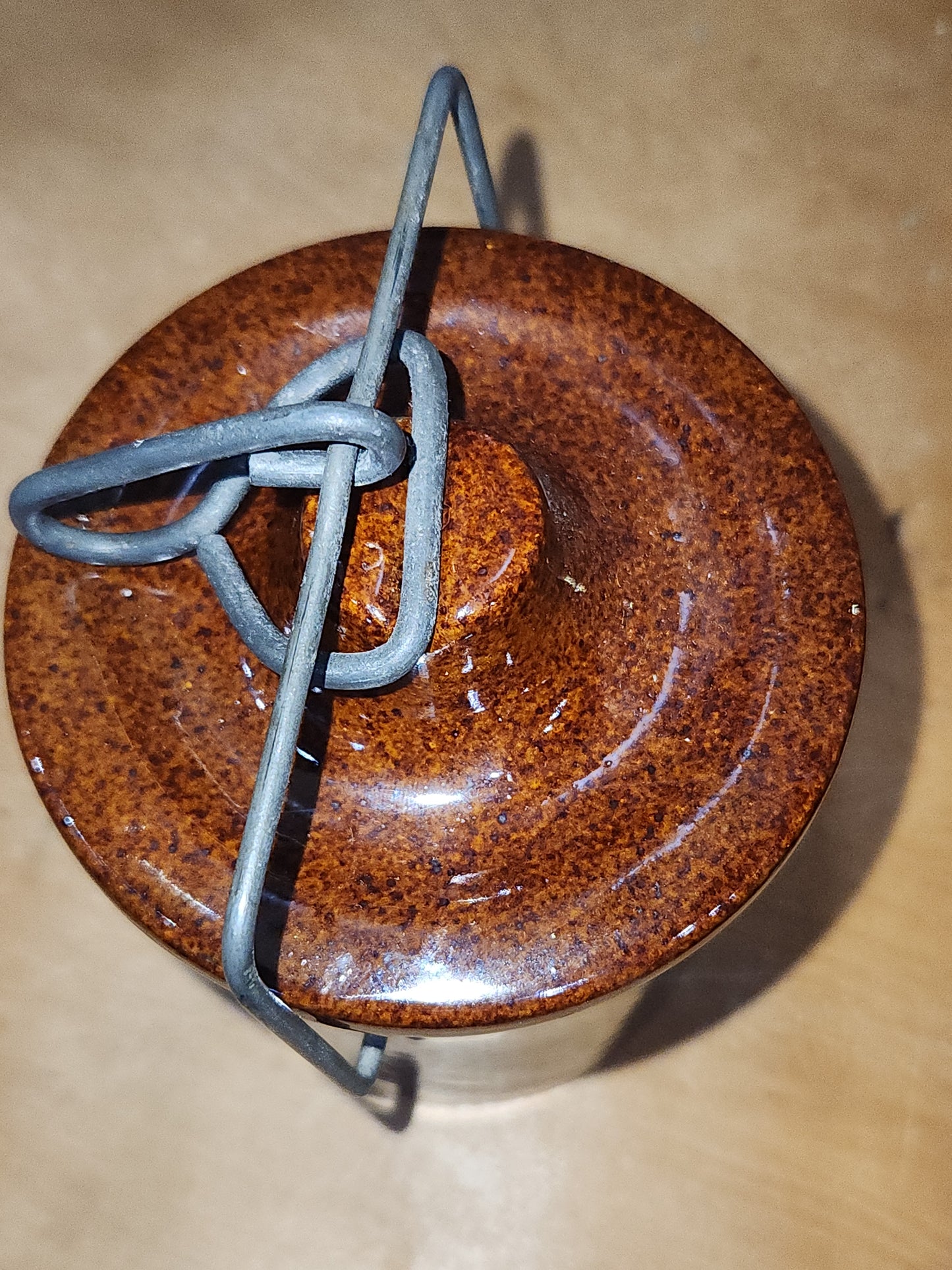 Vintage Brown Pottery Crock Lid and Metal Bail pot52