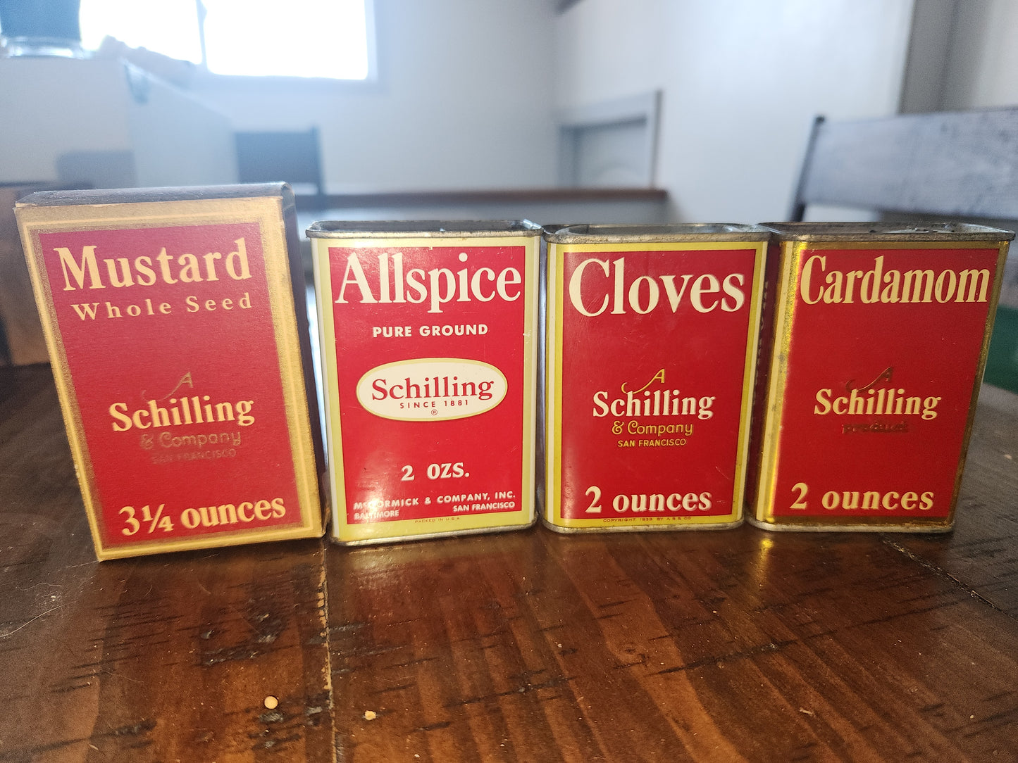 Vintage Schilling Spice Box Mustard Whole Seed, Cloves, Allspice, Cardamom Schilling Spice & Co. SAN Francisco Set of 4 sp67