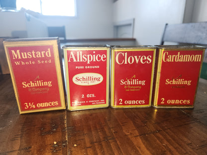 Vintage Schilling Spice Box Mustard Whole Seed, Cloves, Allspice, Cardamom Schilling Spice & Co. SAN Francisco Set of 4 sp67