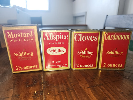 Vintage Schilling Spice Box Mustard Whole Seed, Cloves, Allspice, Cardamom Schilling Spice & Co. SAN Francisco Set of 4 sp67