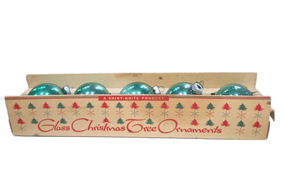 Vintage Shiny Brite Glass Christmas Ornaments Five 2" Green Shades in Fanci-Pak Box As Is bo51