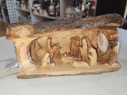 Nativity Medium Grotto Carved in Olive Wood Branch Made in Bethlehem 4" x 8" n2b