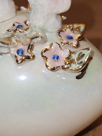 Vintage Porcelain Egg with 3D Bunnies, Flowers Leaves Eggs Gold Accents. Eg7