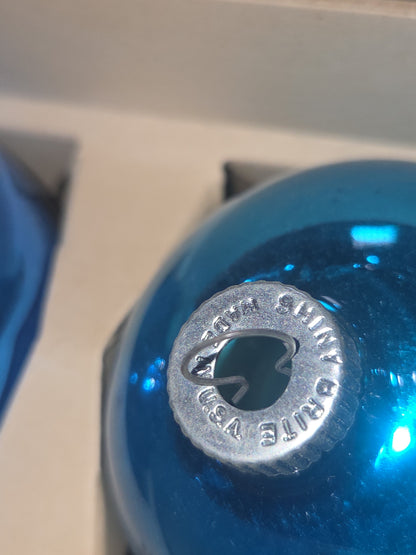 Vintage Shiny Brite Glass Christmas Ornaments Five 3" Blue Shades in Fanci-Pak Box As Is sb5