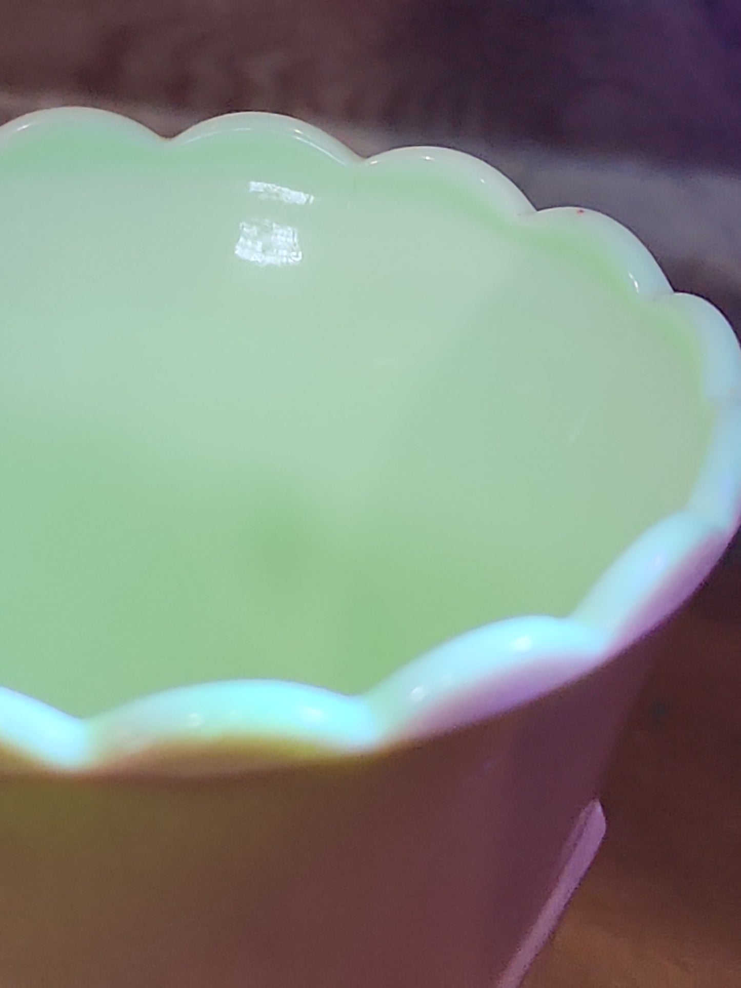 Vintage Vitrock Uranium Glass Vase Peach and White Scalloped Edges Beaded Handles Art Deco Vase GLOWS GREEN gl90