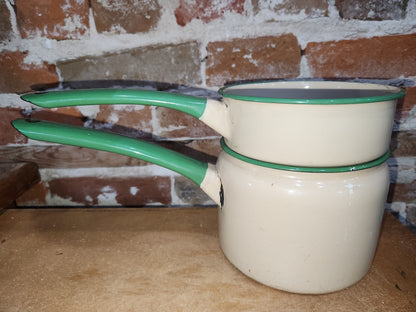 Vintage Enamelware Double Boiler Pot Cream With Green AS IS no lid ew87