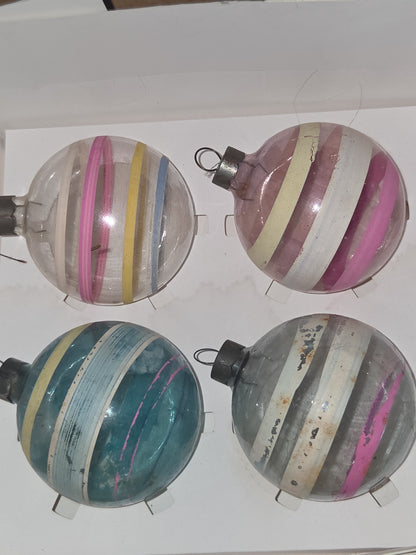 Vintage 2 1/4" Unsilvered Transparent and Blue Glass Ornament WWII Era 1940s Unmatched Set of 4 with Stripes AS IS vo123