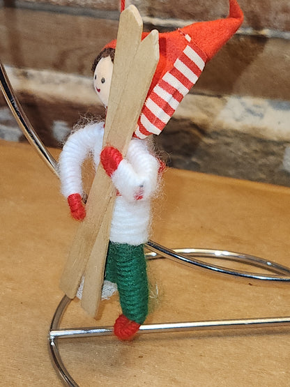 Vintage Fabric & Wood Boy w/Skies Christmas Ornament Germany elf00