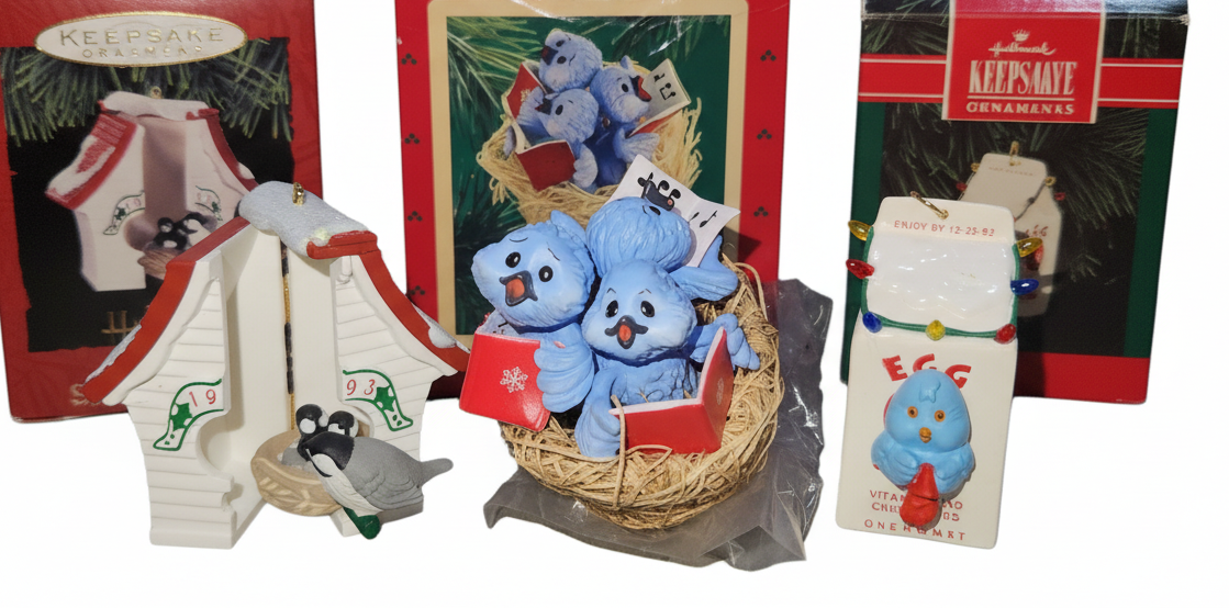 Vintage Hallmark Keepsake Ornaments Set of 3 Bird 1986 Treetop Trio 1993 Peep Inside Birdhouse 1992 Egg Nog Nest