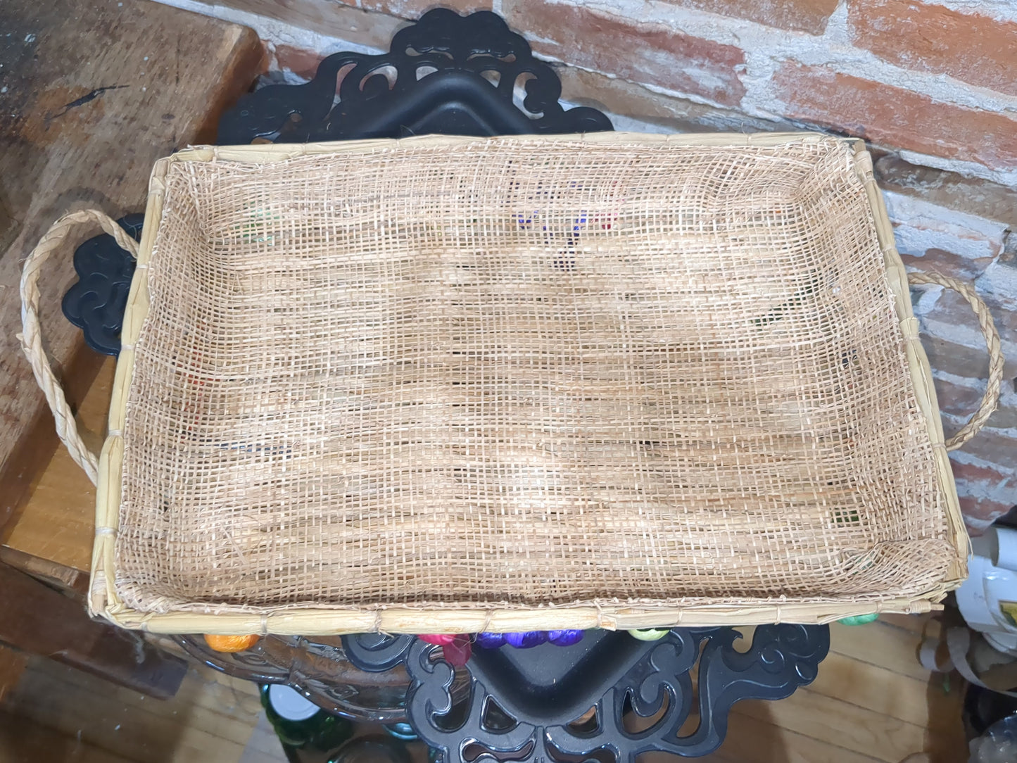 3 Vintage Boho Nesting Raffia Wicker Straw Lined Casserole Baskets, Tray Set 1970s or 1980s