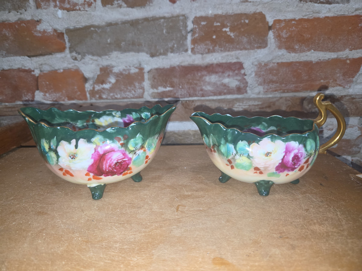Vintage Porcelain Handpainted Footed Bowl and Footed Creamer sbc1