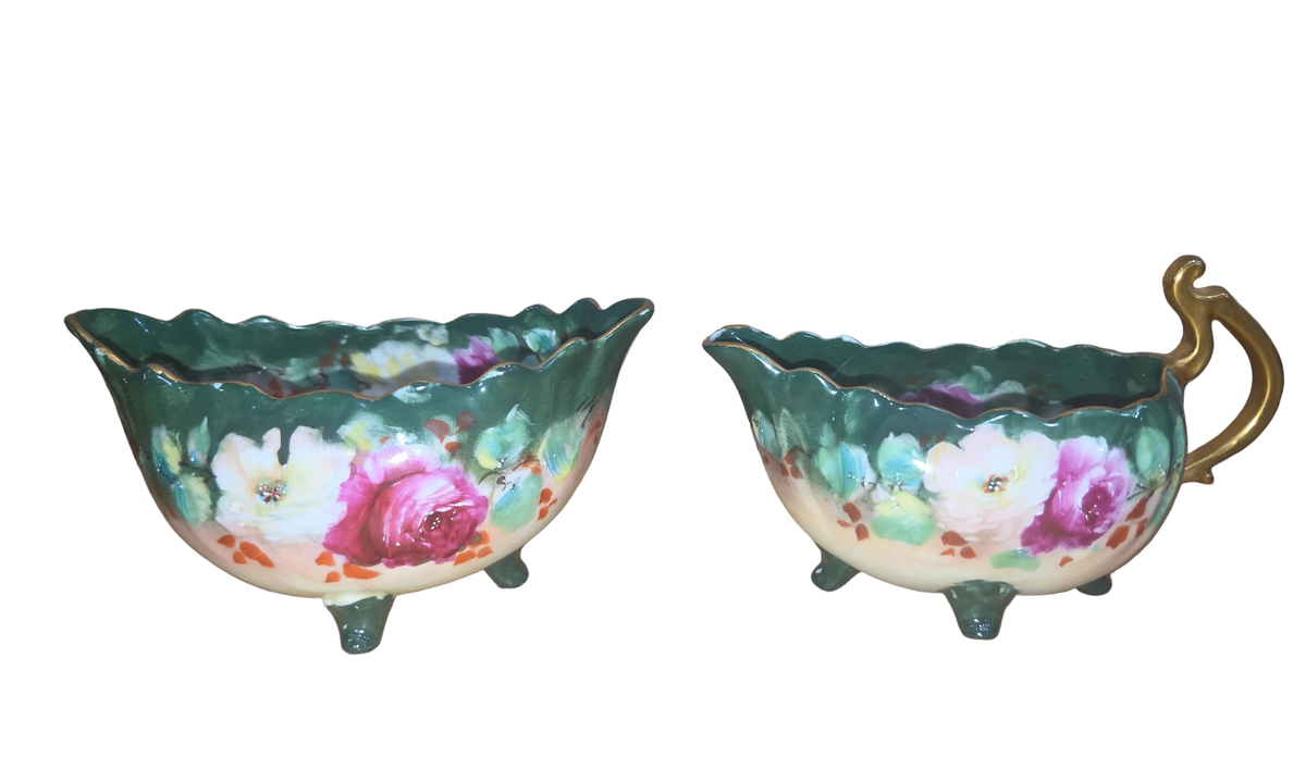 Vintage Porcelain Handpainted Footed Bowl and Footed Creamer sbc1