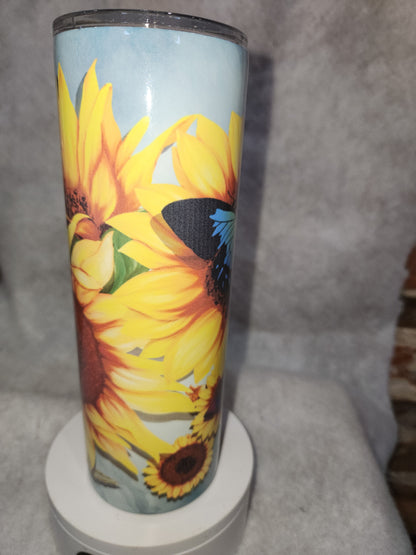 20 oz stainless steel, insulated, tumbler with handle Sunflower & Butterflies th66