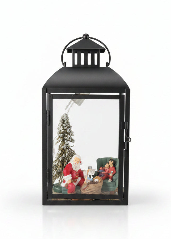 Assemblage in Lantern with Lighted Tree and Hallmark Ornament Set Santa's Big Night 2002 Membership Ornaments Set of 4 as7