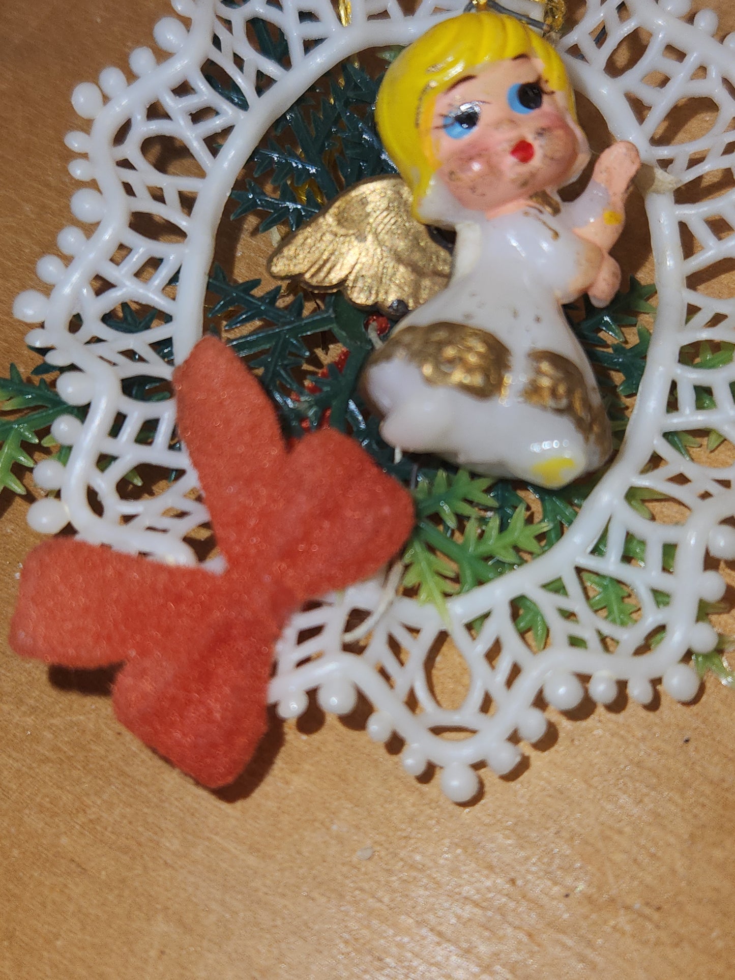 Vintage Plastic 1960s Commodore or Commodore Like Ornaments with Santa and Angel, Greenery Plastic Bow AS IS sm18