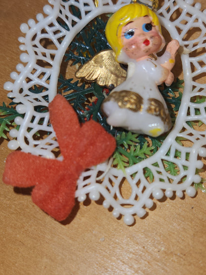 Vintage Plastic 1960s Commodore or Commodore Like Ornaments with Santa and Angel, Greenery Plastic Bow AS IS sm18