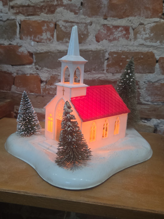 Vintage Plastic Church on Base with Trees Lighted Music Silent Night AS IS vc8