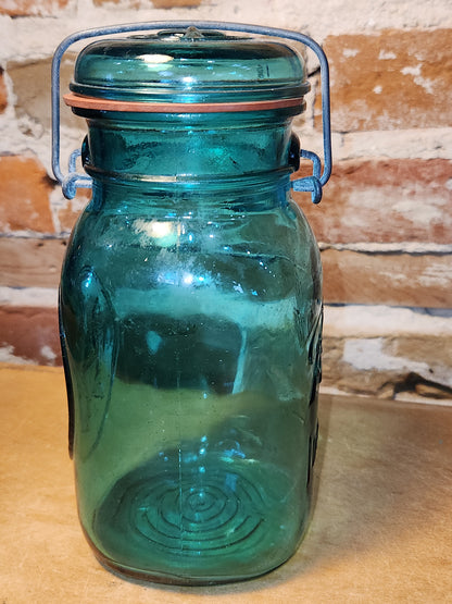 Vintage Ball Ideal Green Blue Teal Jar Bicentennial Eagle Wire Seal jar2