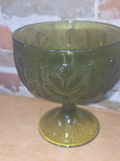 Vintage Vase FTD 1978 Green Glass Goblet Vase with Pedestal Floral Arranging Leaf Pattern Pl78