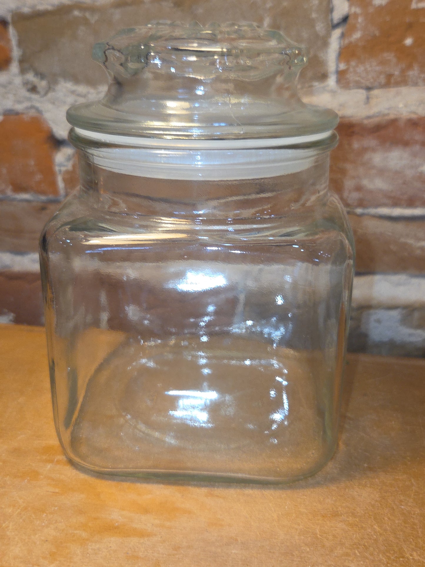 Vintage Clear Glass Square Canister with Sunburst Lid 6 1/4" square sj3