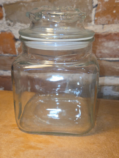 Vintage Clear Glass Square Canister with Sunburst Lid 6 1/4" square sj3