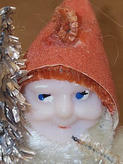 Vintage Spun Cotton Dwarf or Elf with Chinelle Bottle Brush Tree Pinecone and Mushroom Japan elf11