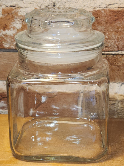 Vintage Clear Glass Square Canister with Sunburst Lid 5 1/4" square sj2
