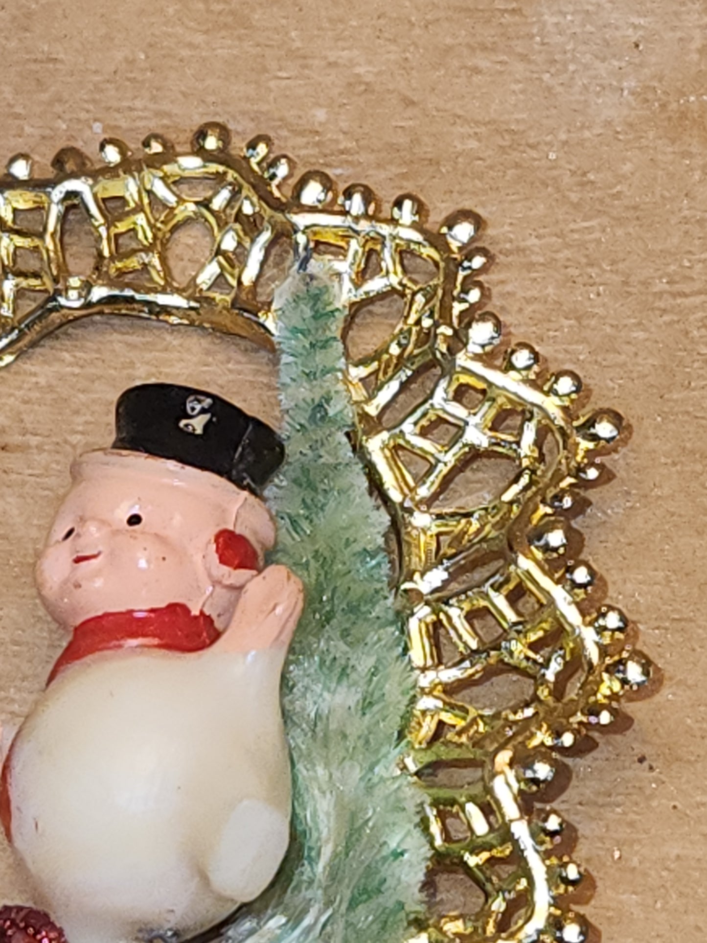 Vintage Commodore Ornament with Celluloid Snowman Chinelle Tree Plastic Bow sm17