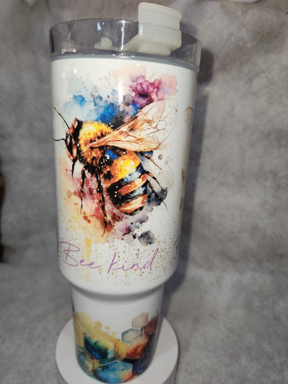 40 Oz Insulated Stainless Steel Travel Tumbler watercolor bee happy, bee kind, bee sweet tb3