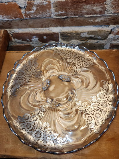 Vintage Cambridge Glass Company Footed Glass Platter with Caprice Pattern With Silver Overlay by Silver City gp8