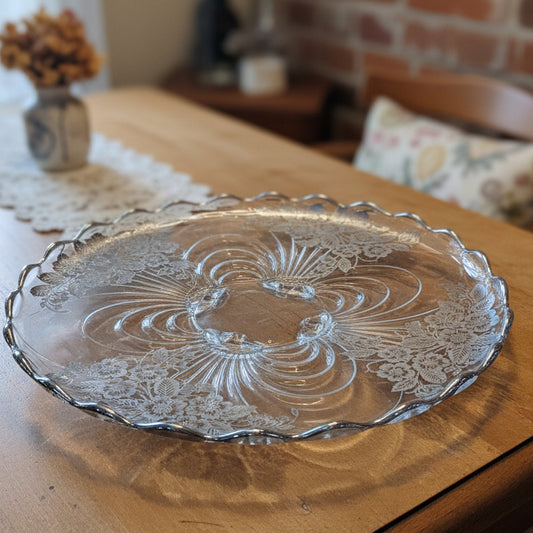 Vintage Cambridge Glass Company Footed Glass Platter with Caprice Pattern With Silver Overlay by Silver City gp8