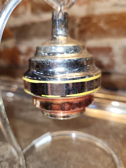 Vintage Glass Wine Keg or Satellite Flat-Bottom Ornament Blue, Yellow, Pink Likely Shiny Brite Made In USofA AS IS O3