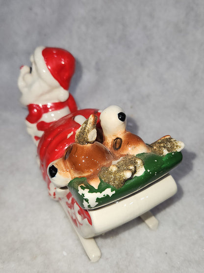 Vintage Kreiss Santa Pulling His Sleigh While his Reindeer are Snoozing inside Sleigh planter candy dish