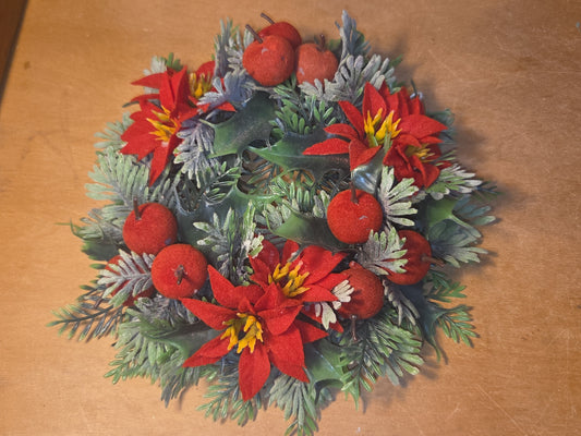 Vintage Christmas Candle Ring Centerpiece Plastic Greenery Flocked Apples Poinsettia AS IS cr5