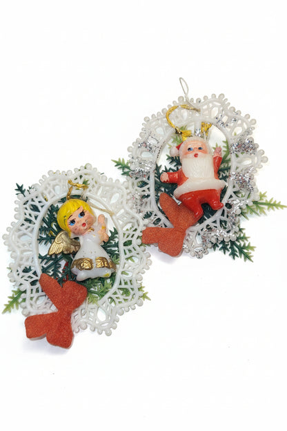 Vintage Plastic 1960s Commodore or Commodore Like Ornaments with Santa and Angel, Greenery Plastic Bow AS IS sm18