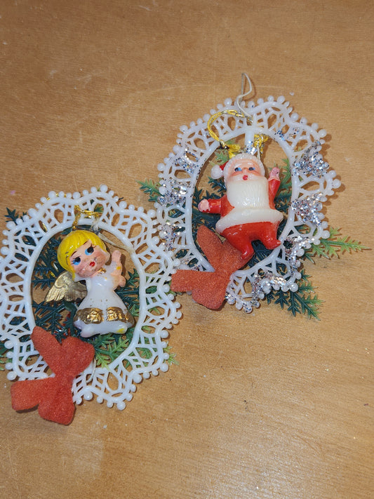 Vintage Plastic 1960s Commodore or Commodore Like Ornaments with Santa and Angel, Greenery Plastic Bow AS IS sm18