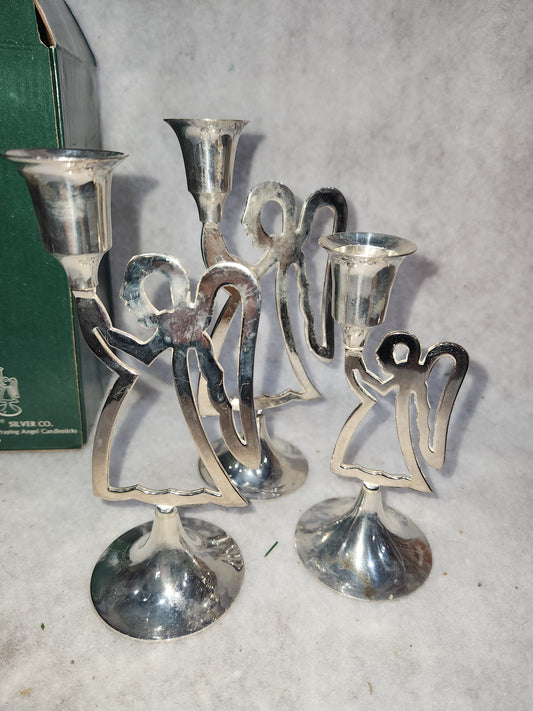 Vintage International Silver Co. Silverplated Set of 3 Praying Angel Candlesticks